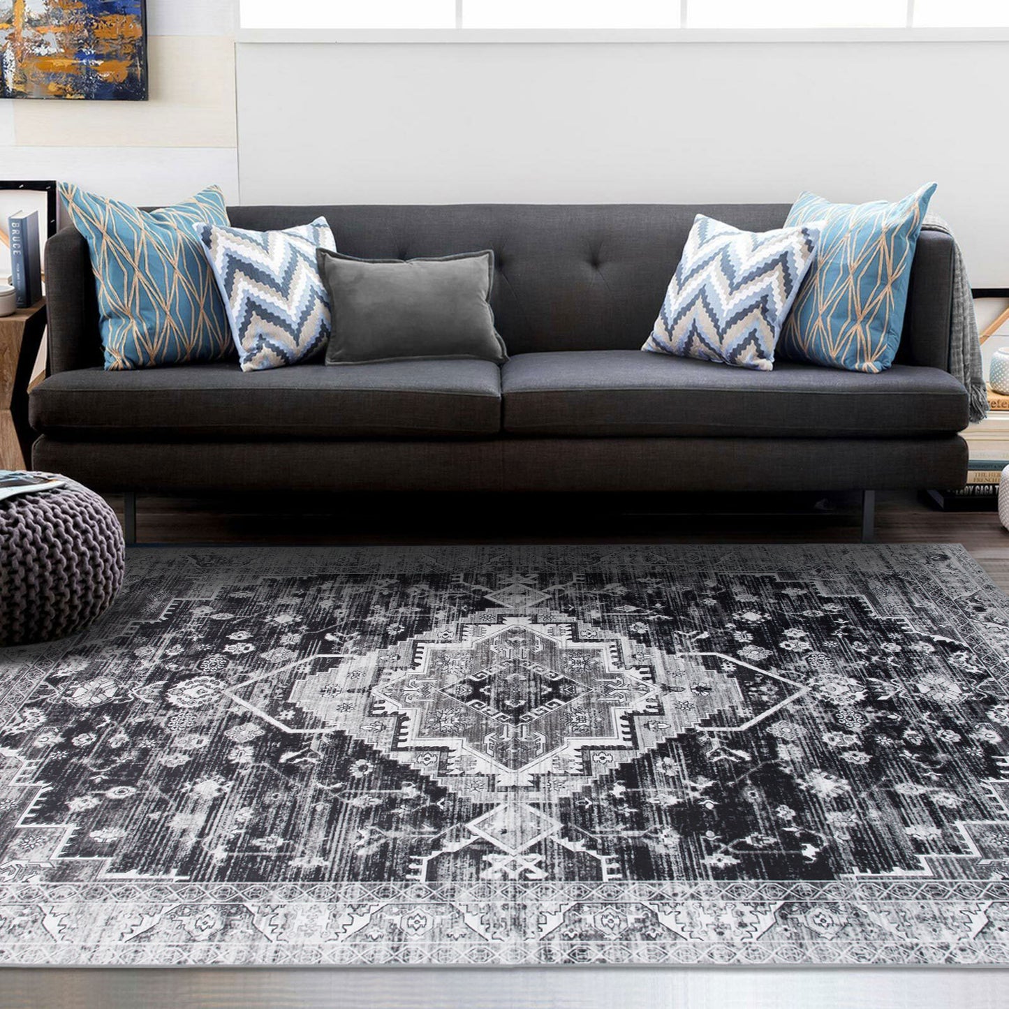 Machine Washable Rug - Distressed Charcoal