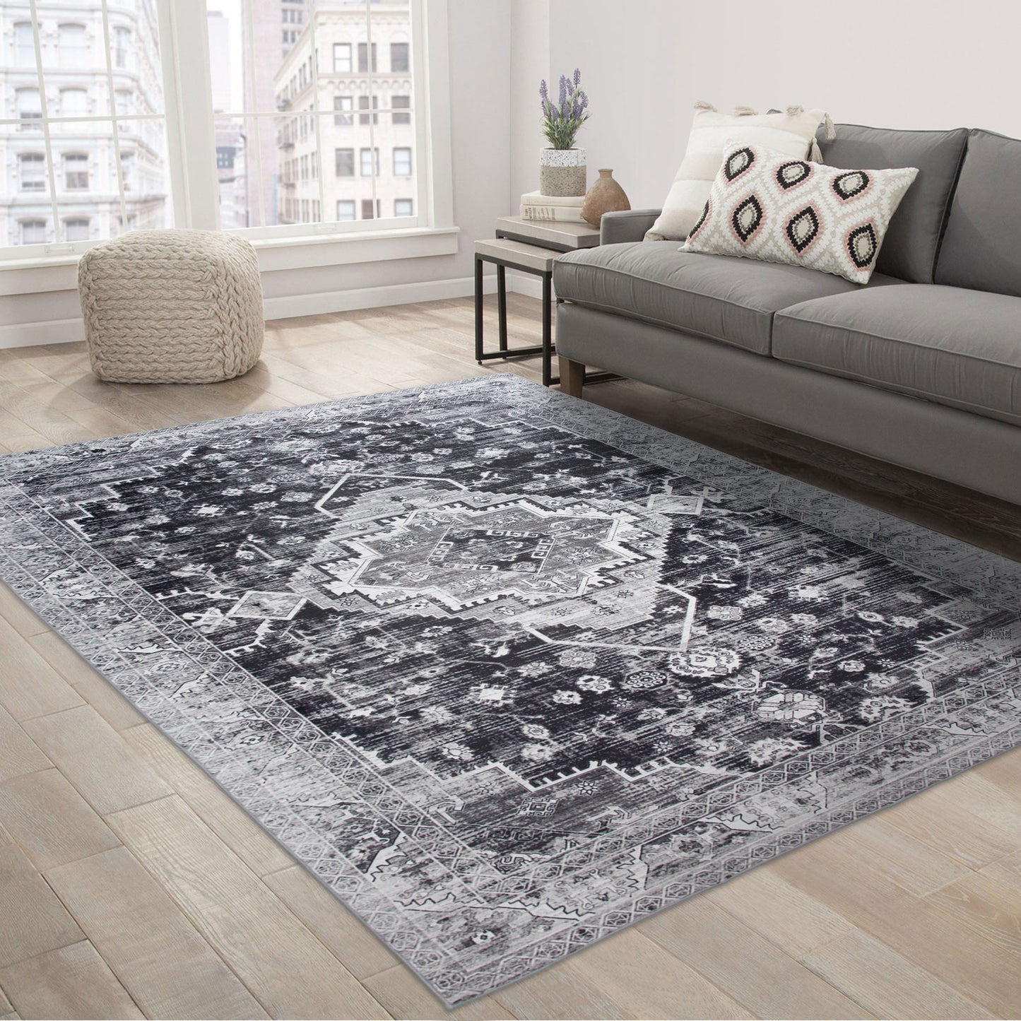 Machine Washable Rug - Distressed Charcoal