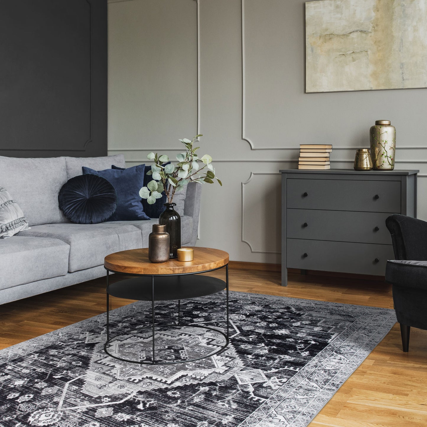 Machine Washable Rug - Distressed Charcoal