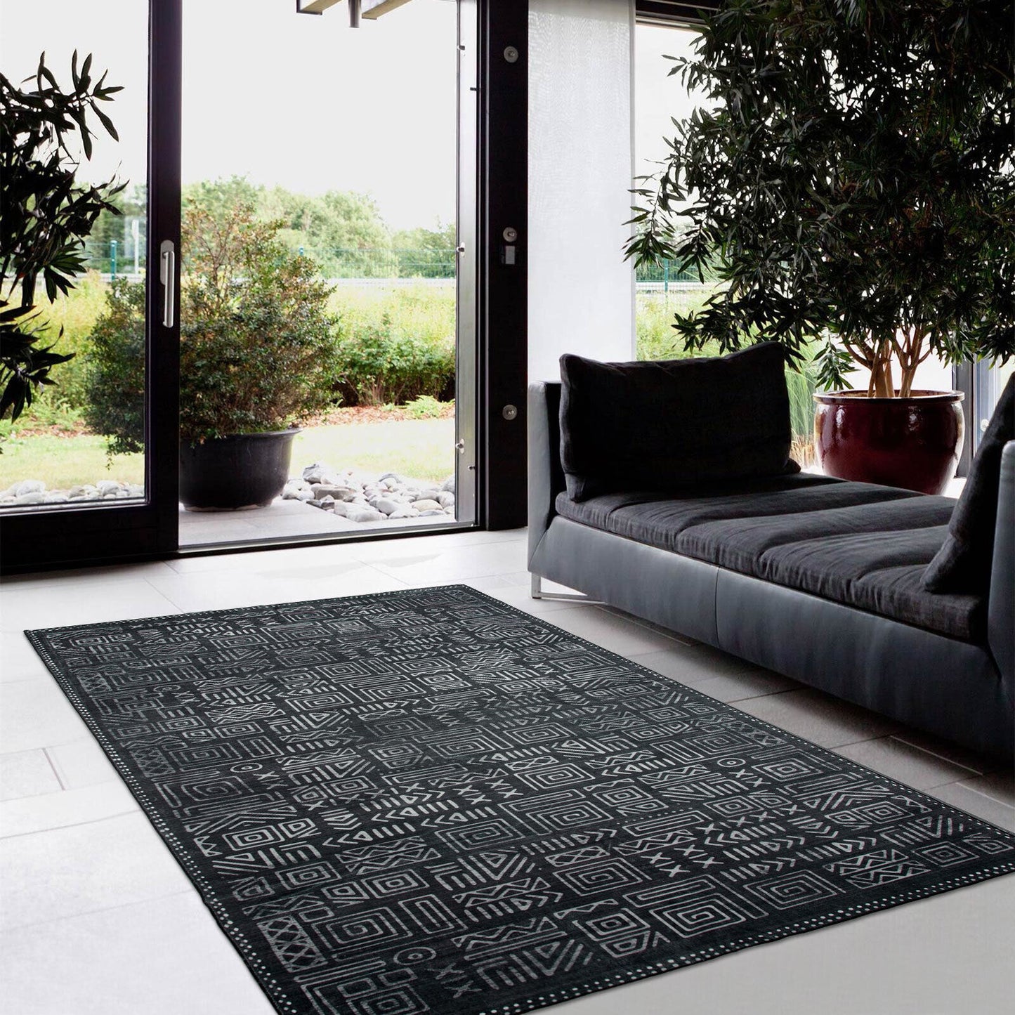 Machine Washable Rug - Geometric Charcoal