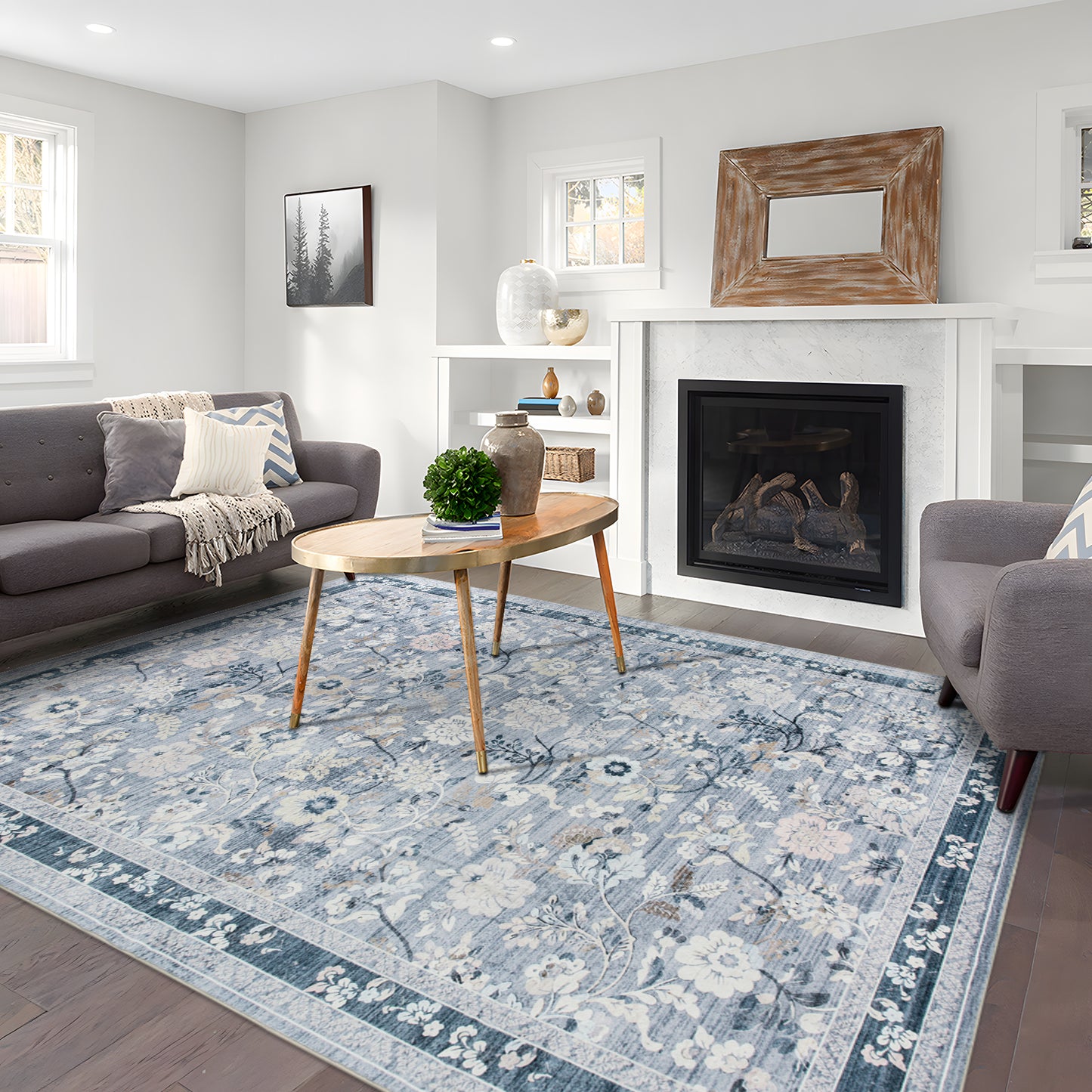 Machine Washable Rug - Blue Flora