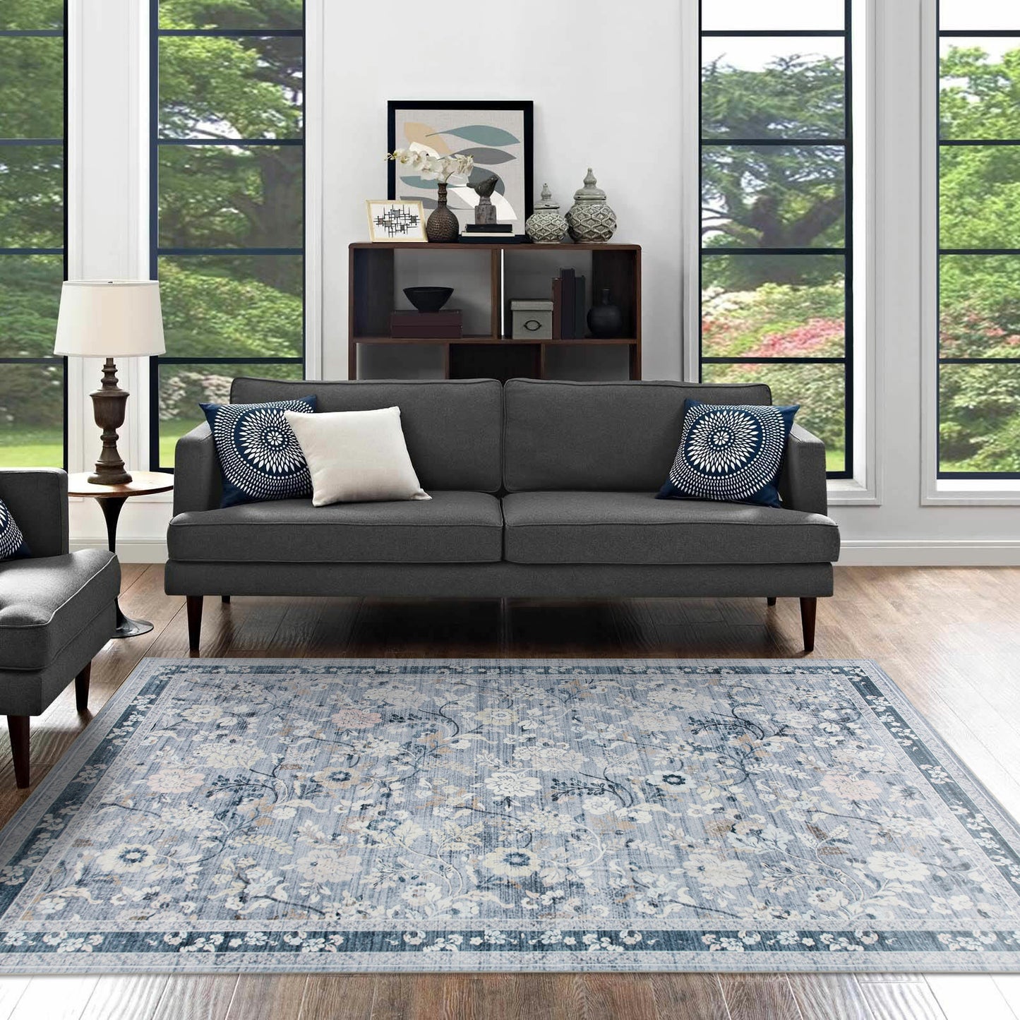 Machine Washable Rug - Blue Flora