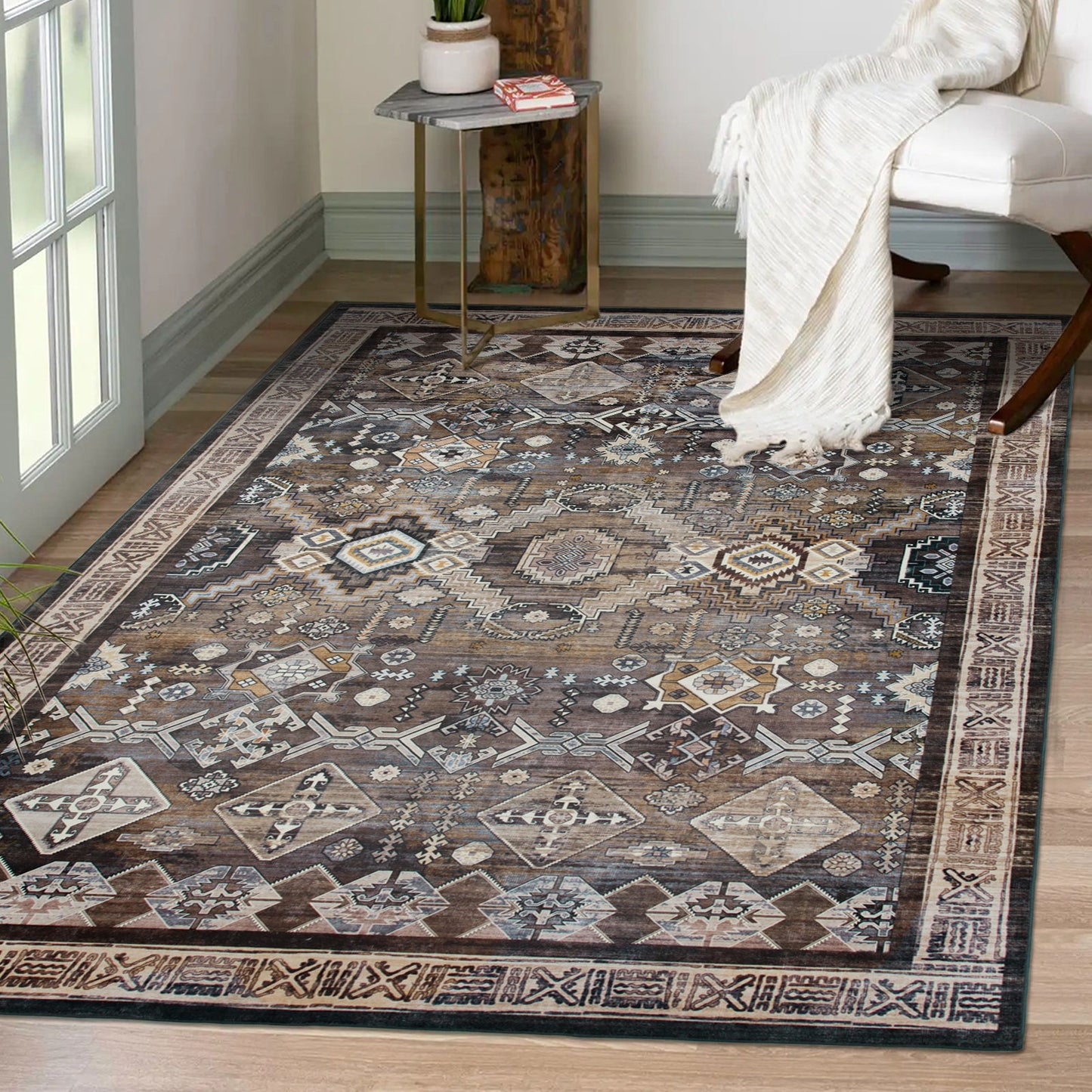 Machine Washable Rug - Dark Coffee & Gold