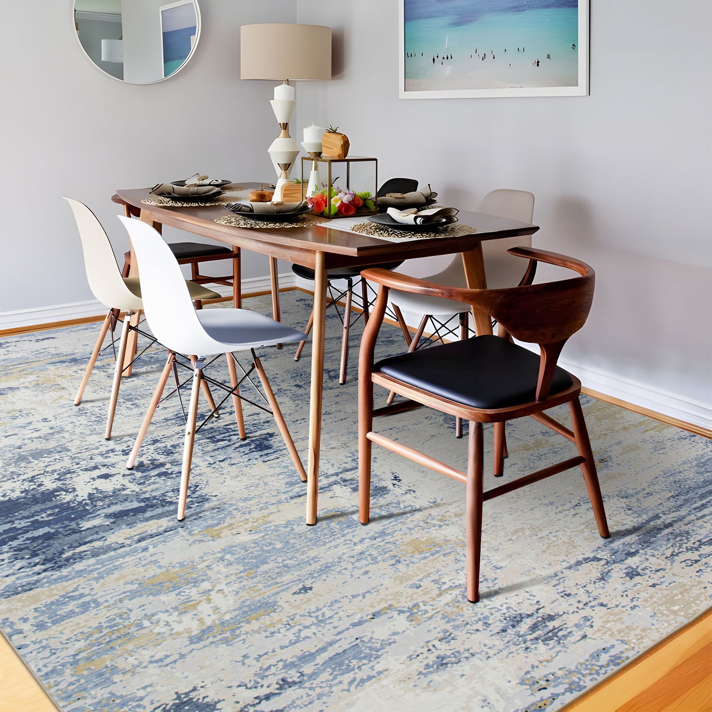 Machine Washable Rug - Blue & Tan