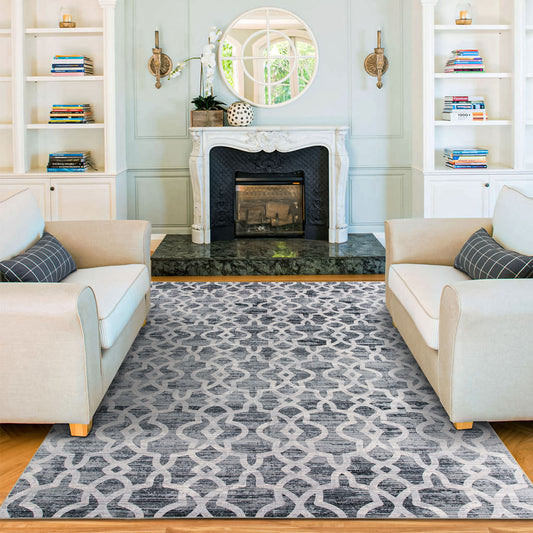 Machine Washable Rug - Modern Grey Trellis