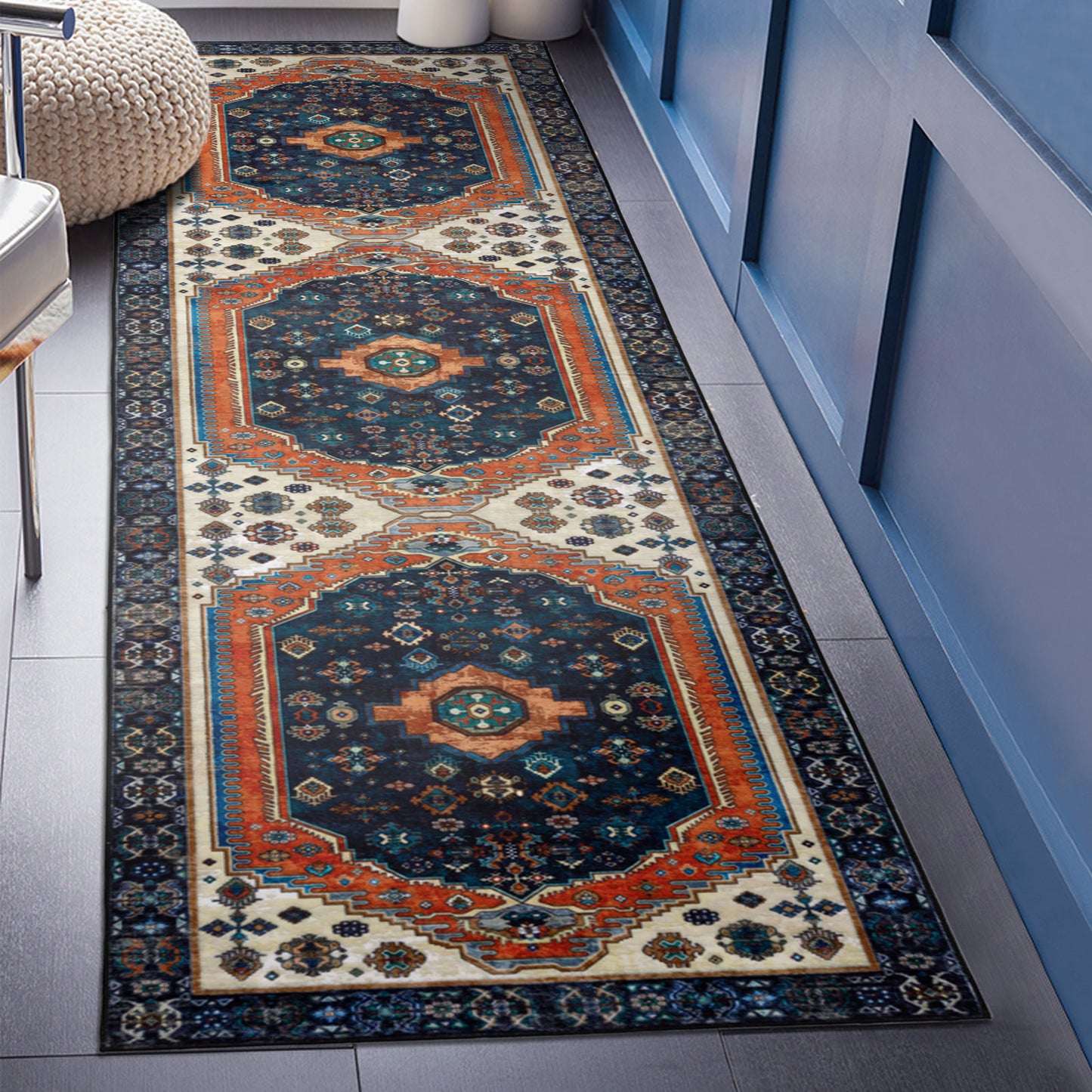 Machine Washable Rug - Vintage Navy & Rust Orange