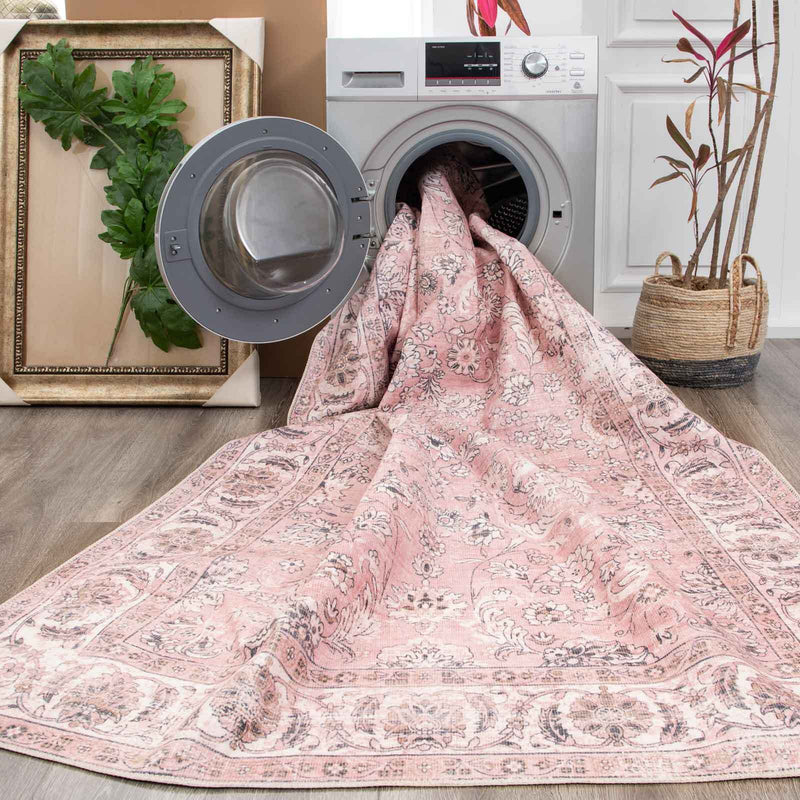 Machine Washable Rug - Floral Pink