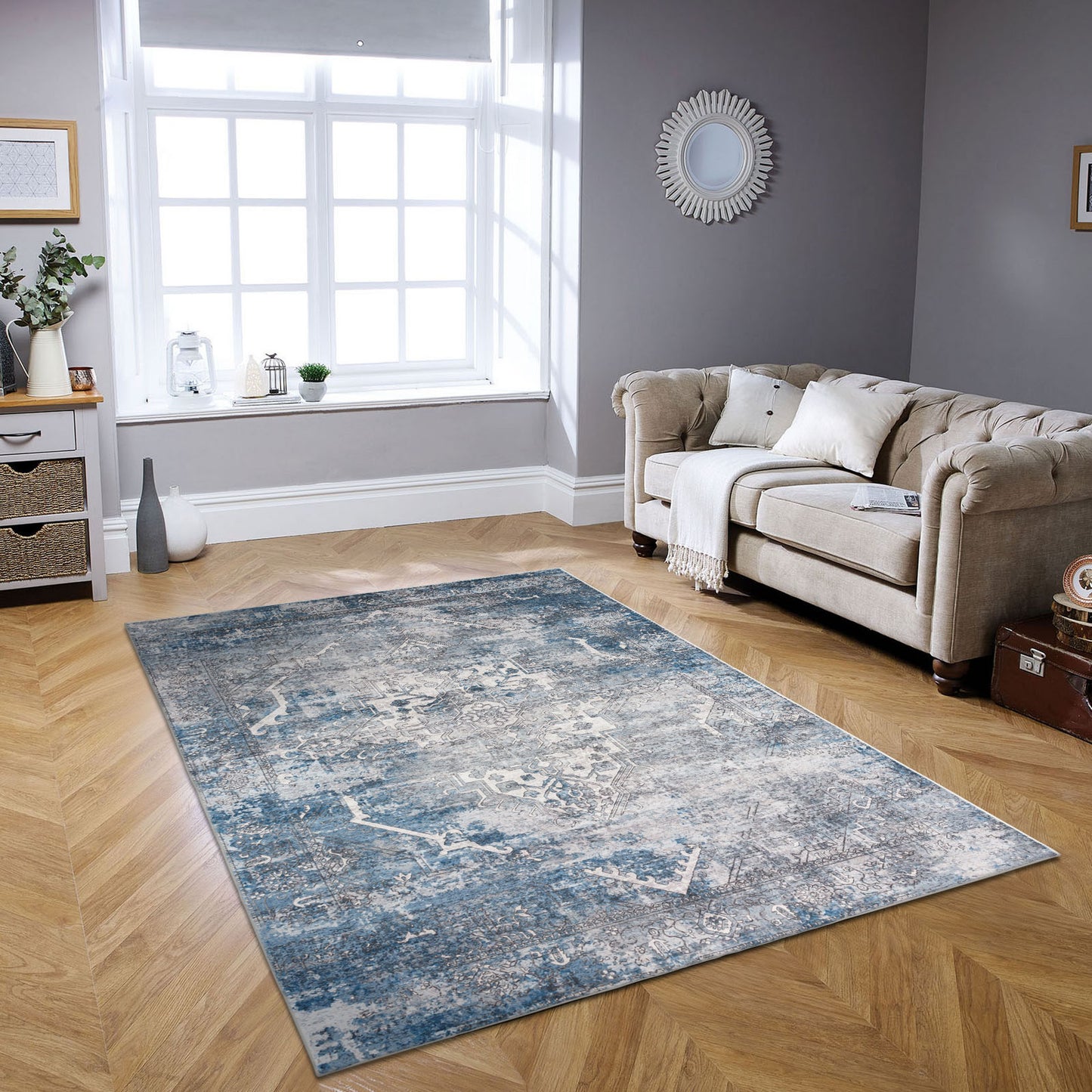 Machine Washable Rug - Distressed Blue