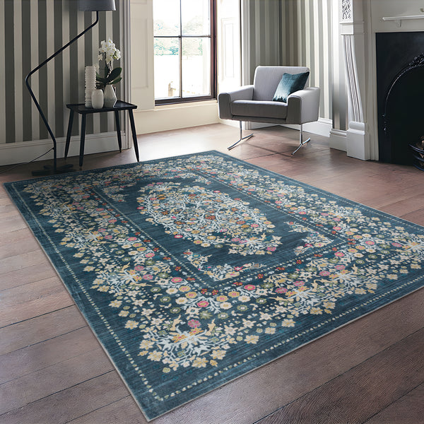 Machine Washable Rug - Blue Ivory Floral