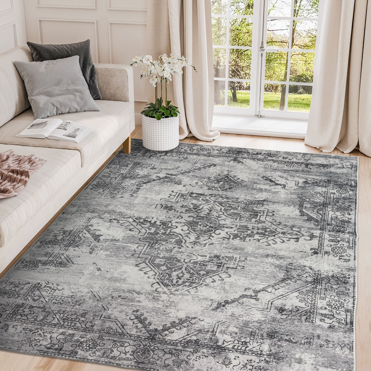 Machine Washable Rug - Distressed Silver Grey
