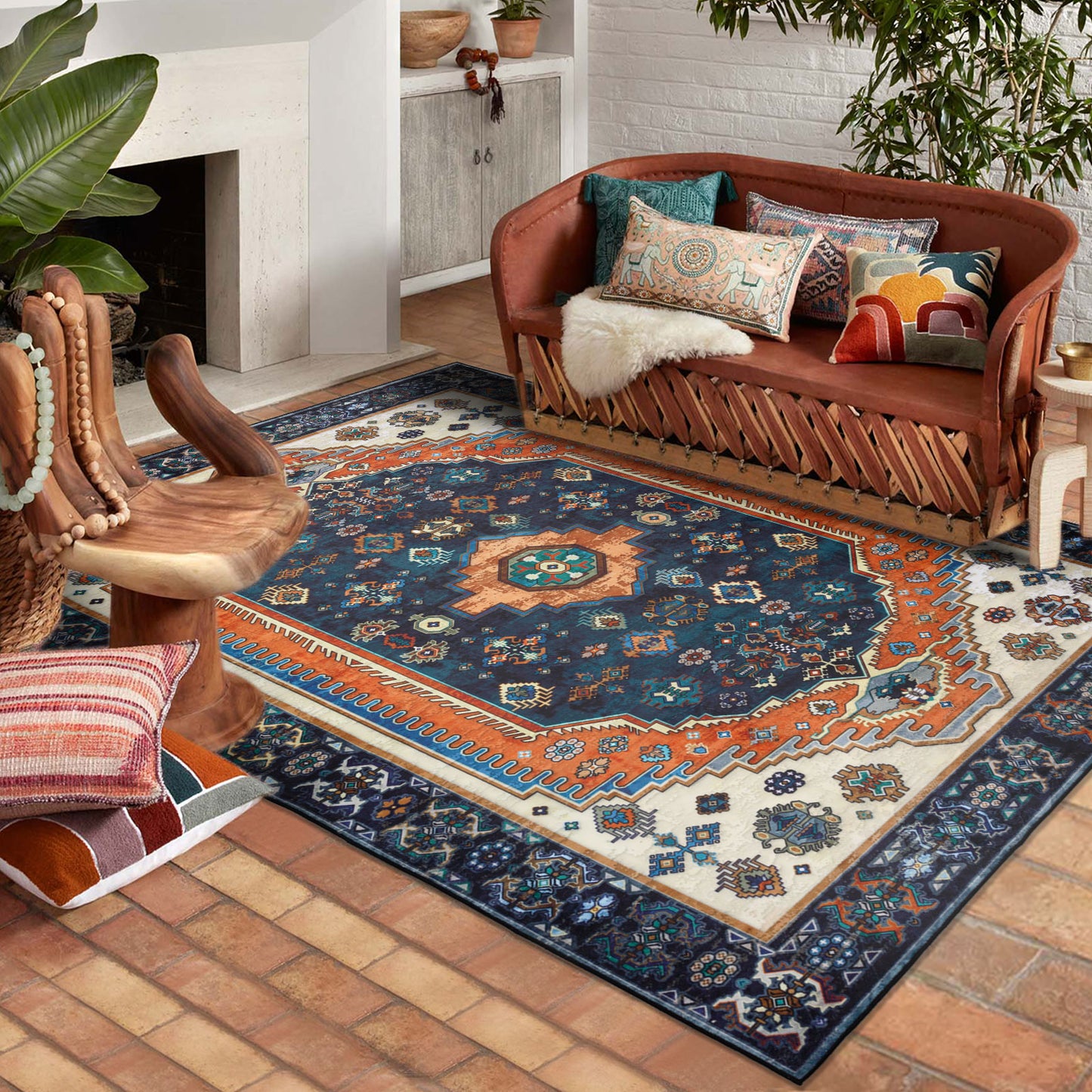 Machine Washable Rug - Vintage Navy & Rust Orange