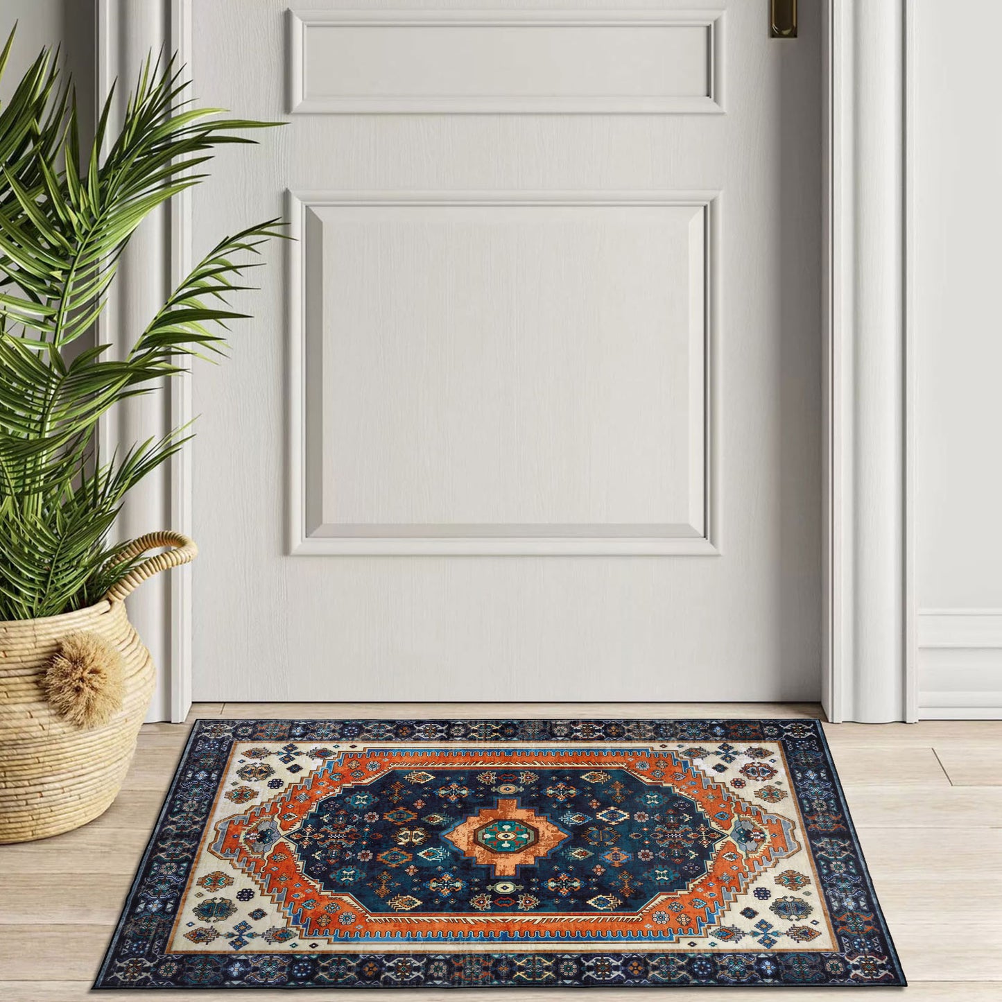 Machine Washable Rug - Vintage Navy & Rust Orange