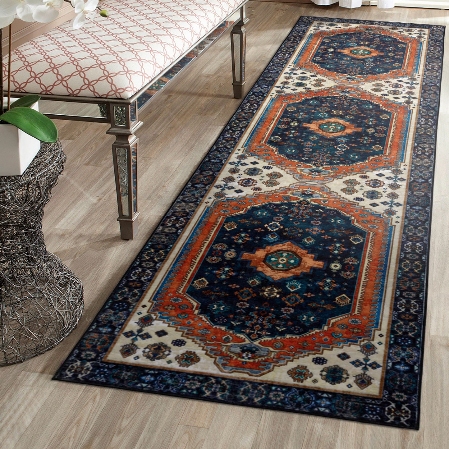 Machine Washable Rug - Vintage Navy & Rust Orange