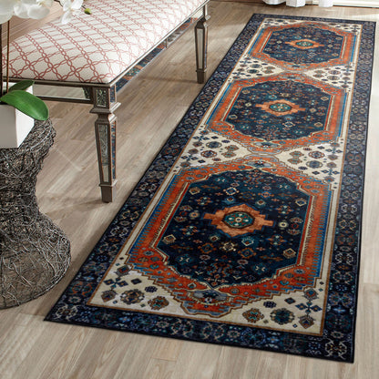 Machine Washable Rug - Vintage Navy & Rust Orange