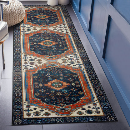 Machine Washable Rug - Vintage Navy & Rust Orange