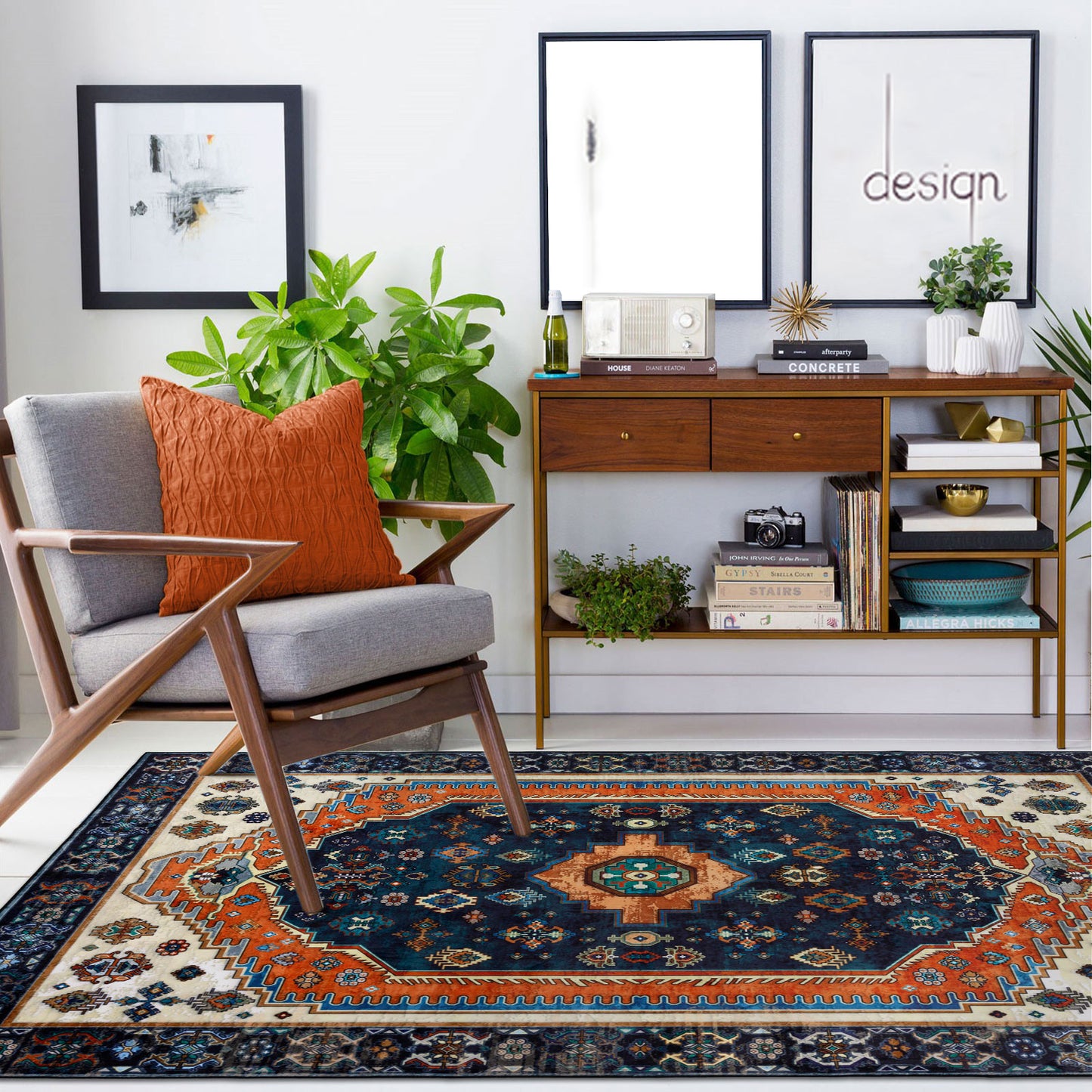 Machine Washable Rug - Vintage Navy & Rust Orange