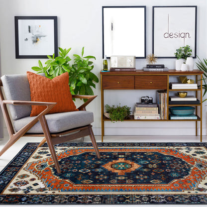 Machine Washable Rug - Vintage Navy & Rust Orange