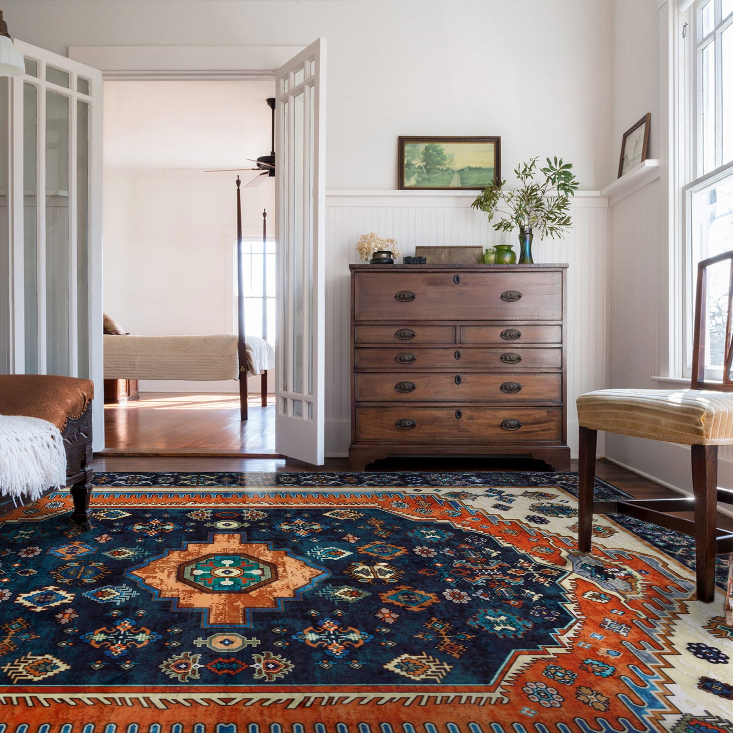 Machine Washable Rug - Vintage Navy & Rust Orange