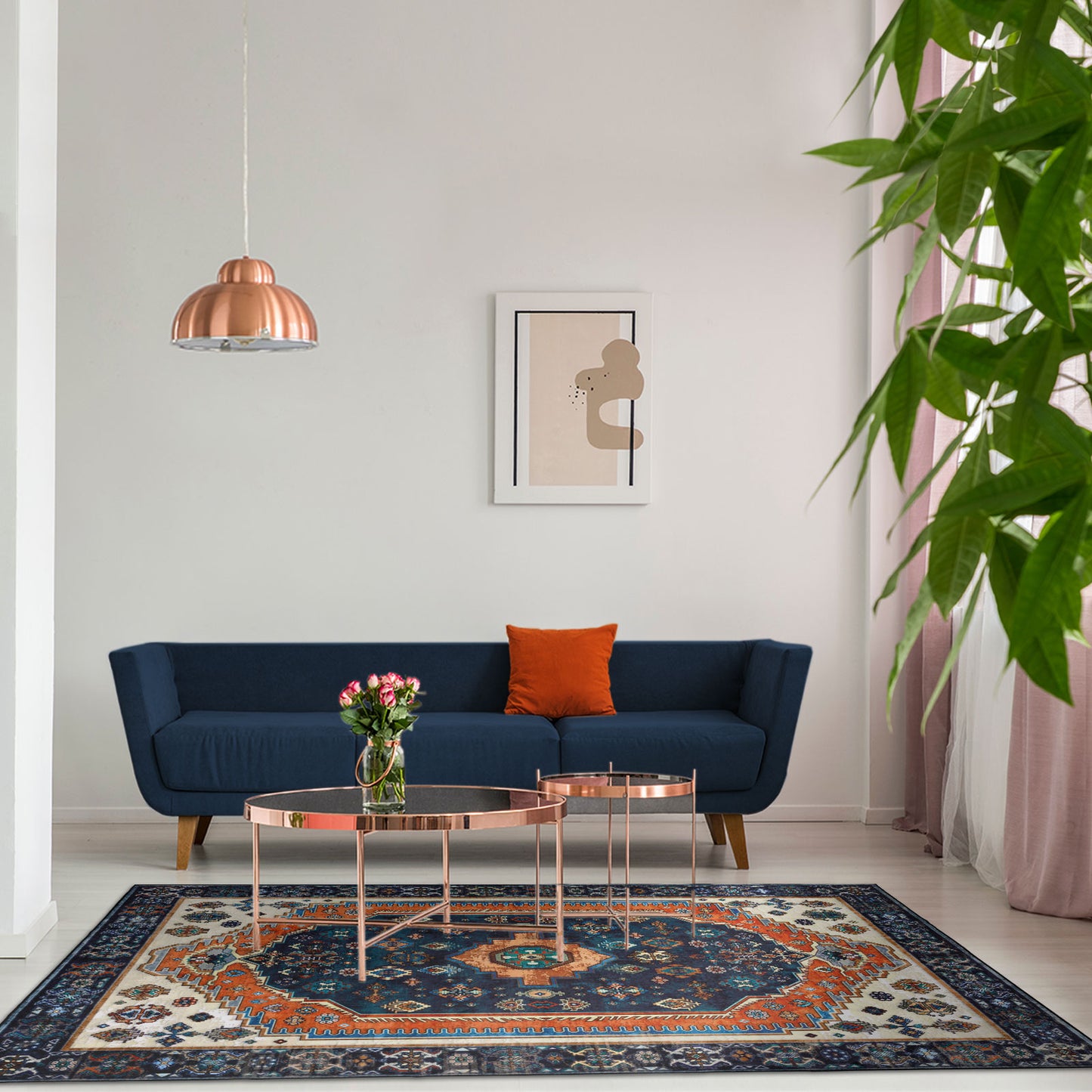 Machine Washable Rug - Vintage Navy & Rust Orange