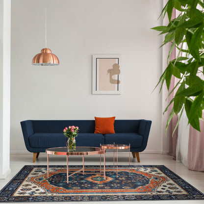 Machine Washable Rug - Vintage Navy & Rust Orange