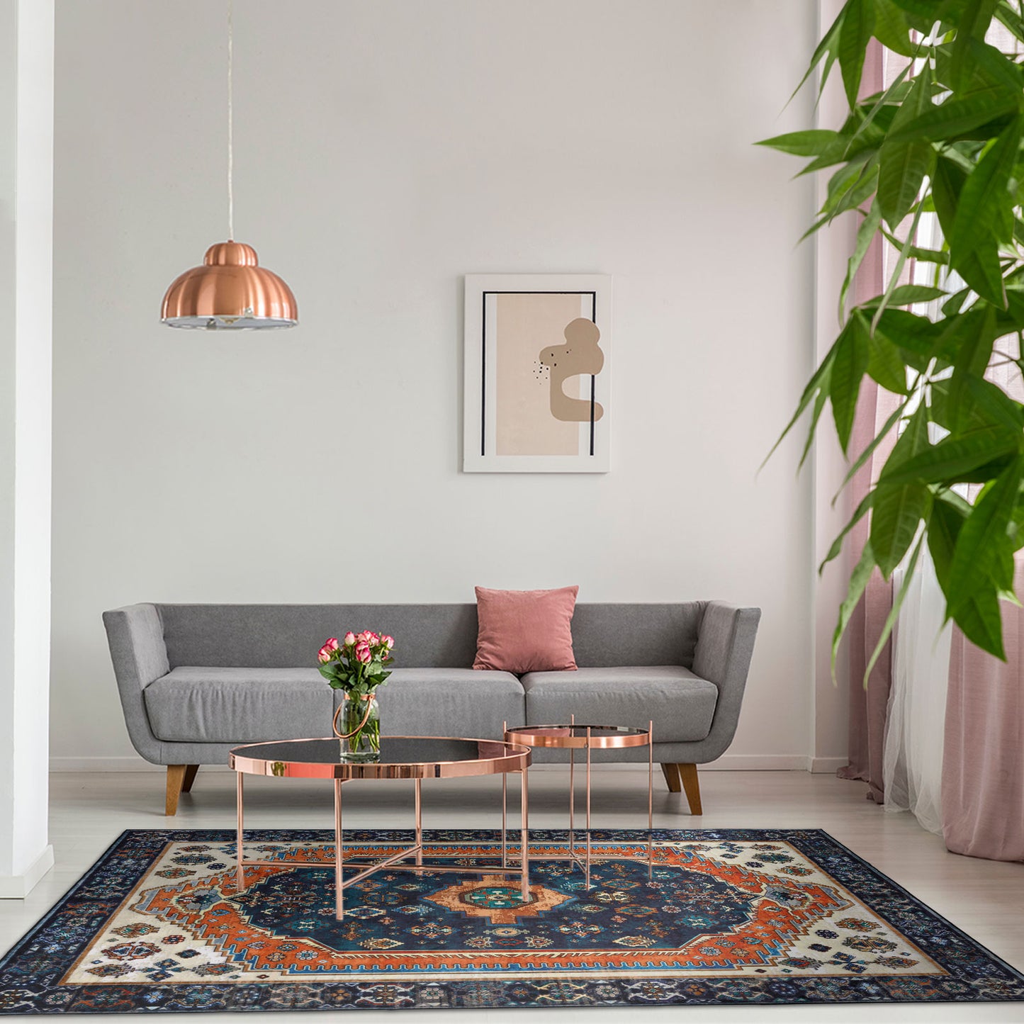 Machine Washable Rug - Vintage Navy & Rust Orange