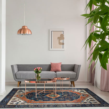 Machine Washable Rug - Vintage Navy & Rust Orange