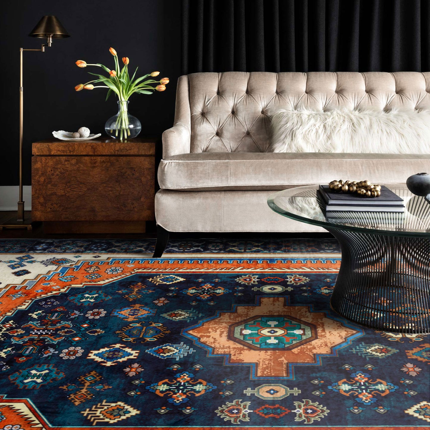 Machine Washable Rug - Vintage Navy & Rust Orange