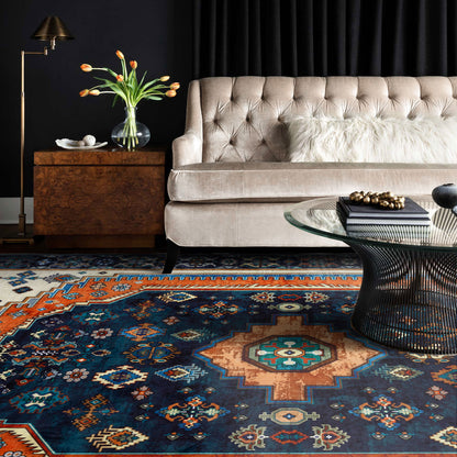 Machine Washable Rug - Vintage Navy & Rust Orange
