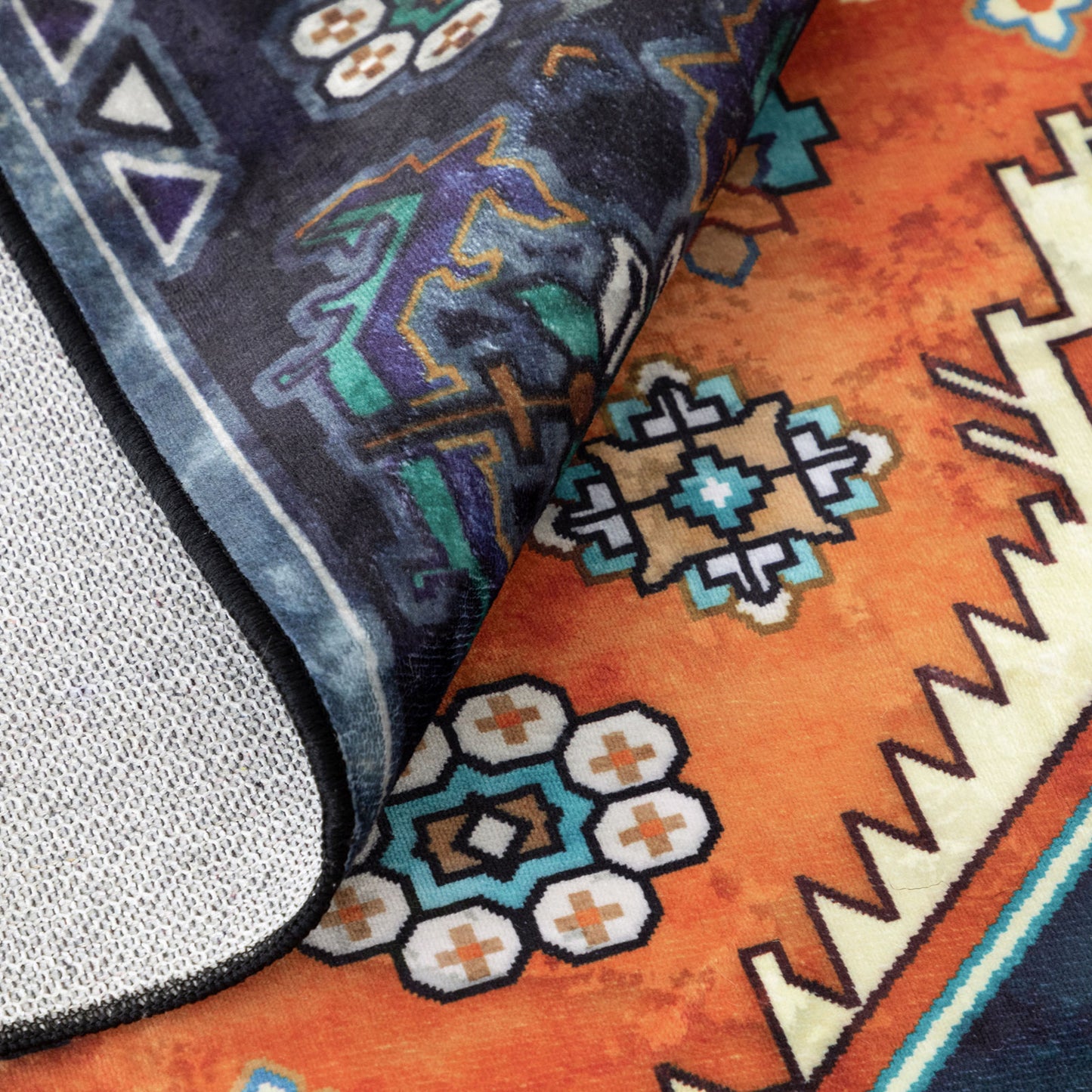 Machine Washable Rug - Vintage Navy & Rust Orange