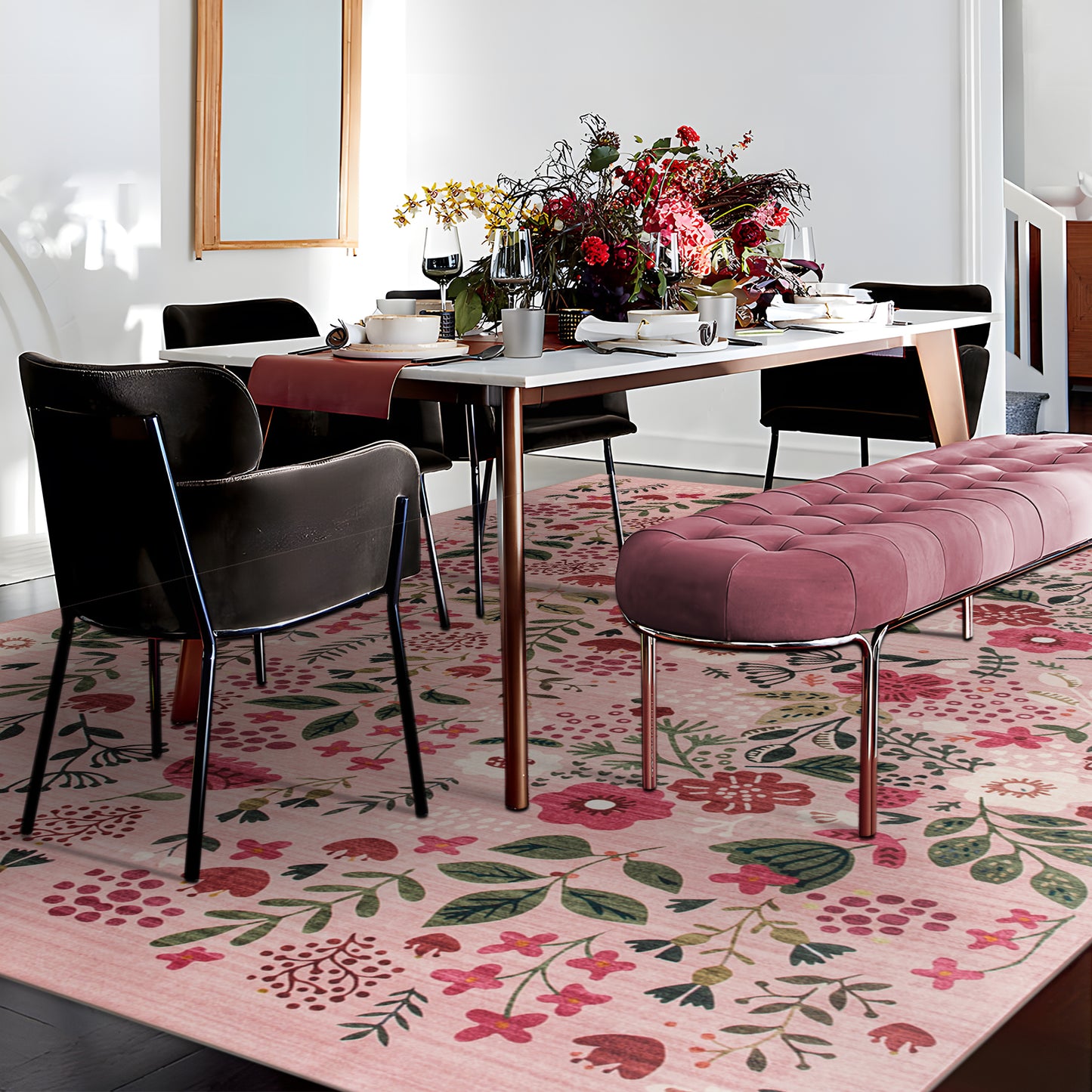 Machine Washable Rug - Pink Flora