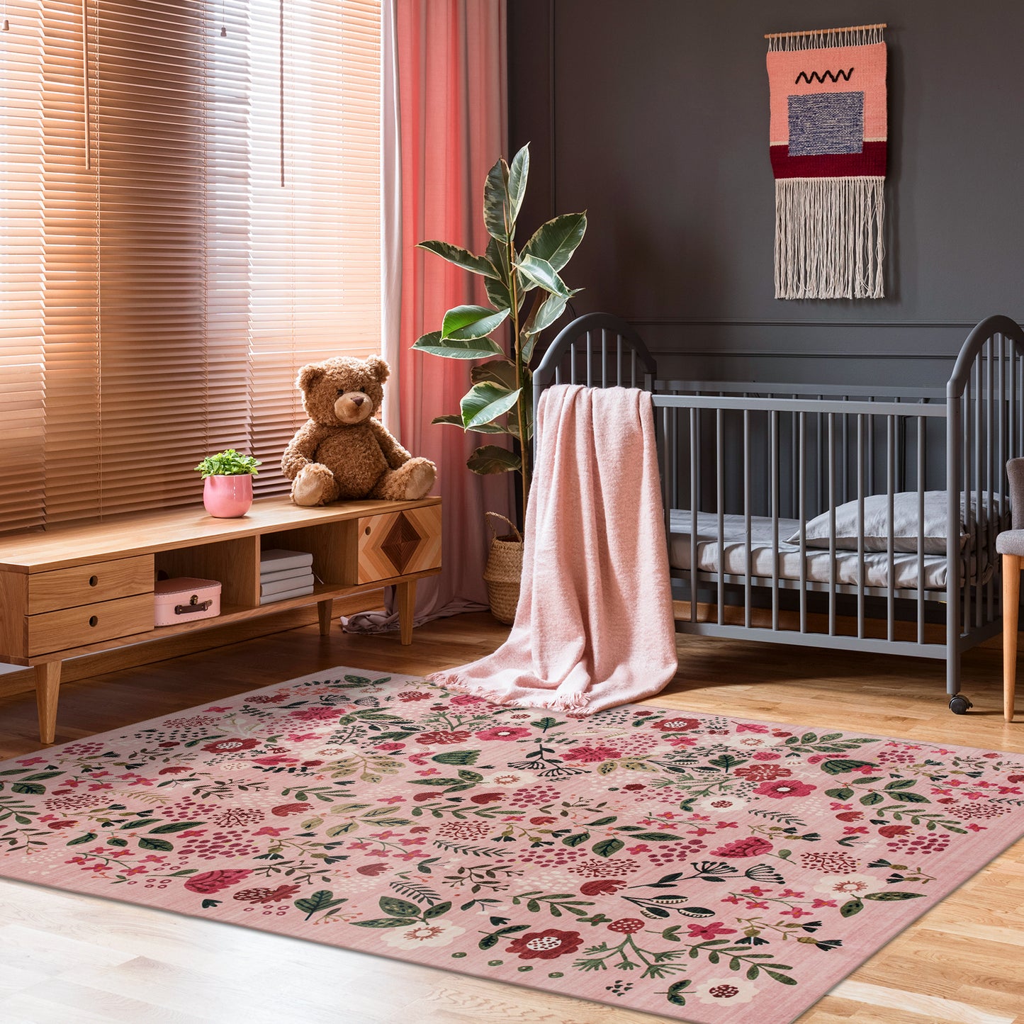 Machine Washable Rug - Pink Flora
