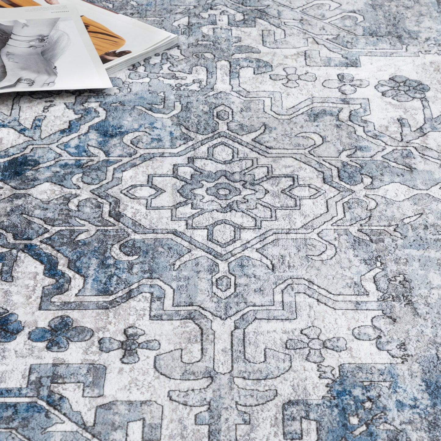 Machine Washable Rug - Distressed Blue