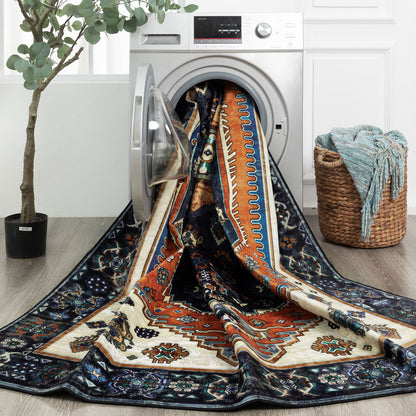 Machine Washable Rug - Vintage Navy & Rust Orange