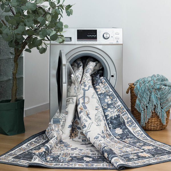 Machine Washable Rug - White & Navy Blue